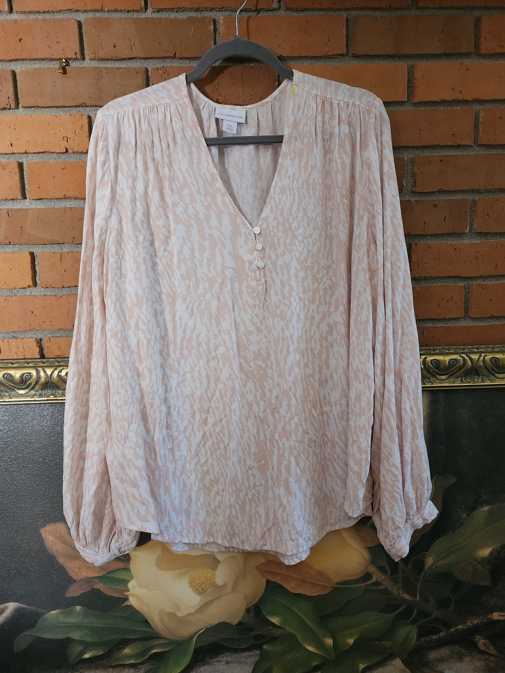 Liz Claiborne Blush Printed V-Neck Long Sleeve Blouse 2x
